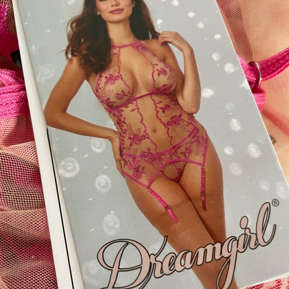 Brand new fuchsia mesh garter chemise lingerie set - Picture 4 of 6